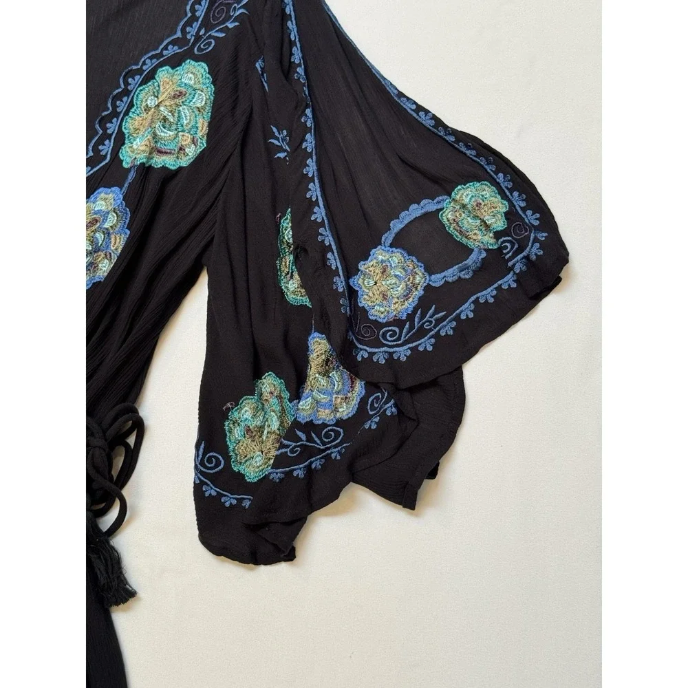 Free People Women's Sz M Cora Embroidered Mini Dress Black Blue Floral Boho NWT